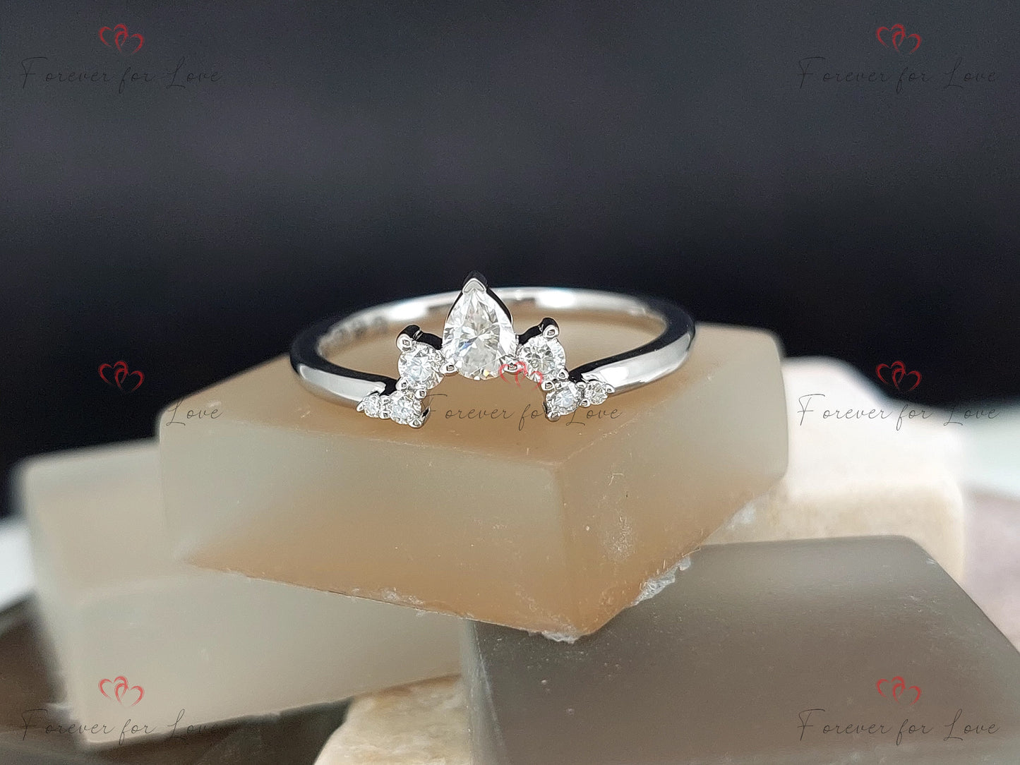 Curved wedding band, women vintage Moissanite Pear cut Diamond wedding band, Solid 14K yellow gold Bridal Stacking Anniversary ring. Pear cut Moissanite Brilliant Cut engagement ring in 935 Argentium Silver — custom handcrafted by Forever For Love