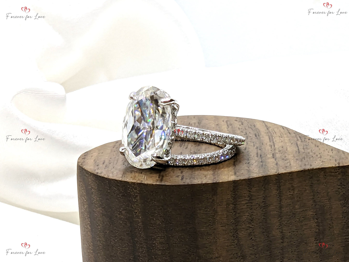 6 Ct Oval Diamond, Moissanite Hidden Halo Engagement Ring Oval cut Moissanite Brilliant Cut engagement ring in 935 Argentium Silver — custom handcrafted by Forever For Love