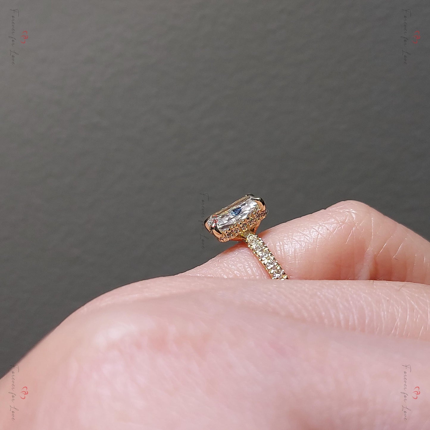 IGI Certified Radiant Lab Diamond, Emerald Hidden Halo Engagement Ring Radiant cut 1Ct Moissanite Brilliant Cut engagement ring in 935 Argentium Silver — custom handcrafted by Forever For Love