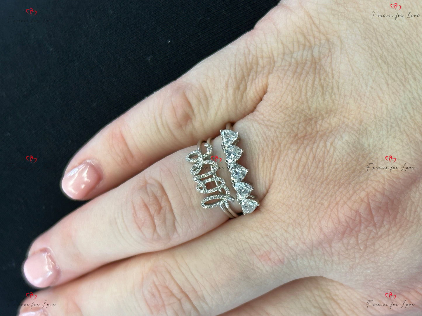 Solid gold Heart Five Stone Heart Cut Diamond Ring, Five Stone Wedding Band- Lab-Grown Diamond Ring Wedding band. Heart cut Moissanite Brilliant Cut engagement ring in 935 Argentium Silver — custom handcrafted by Forever For Love