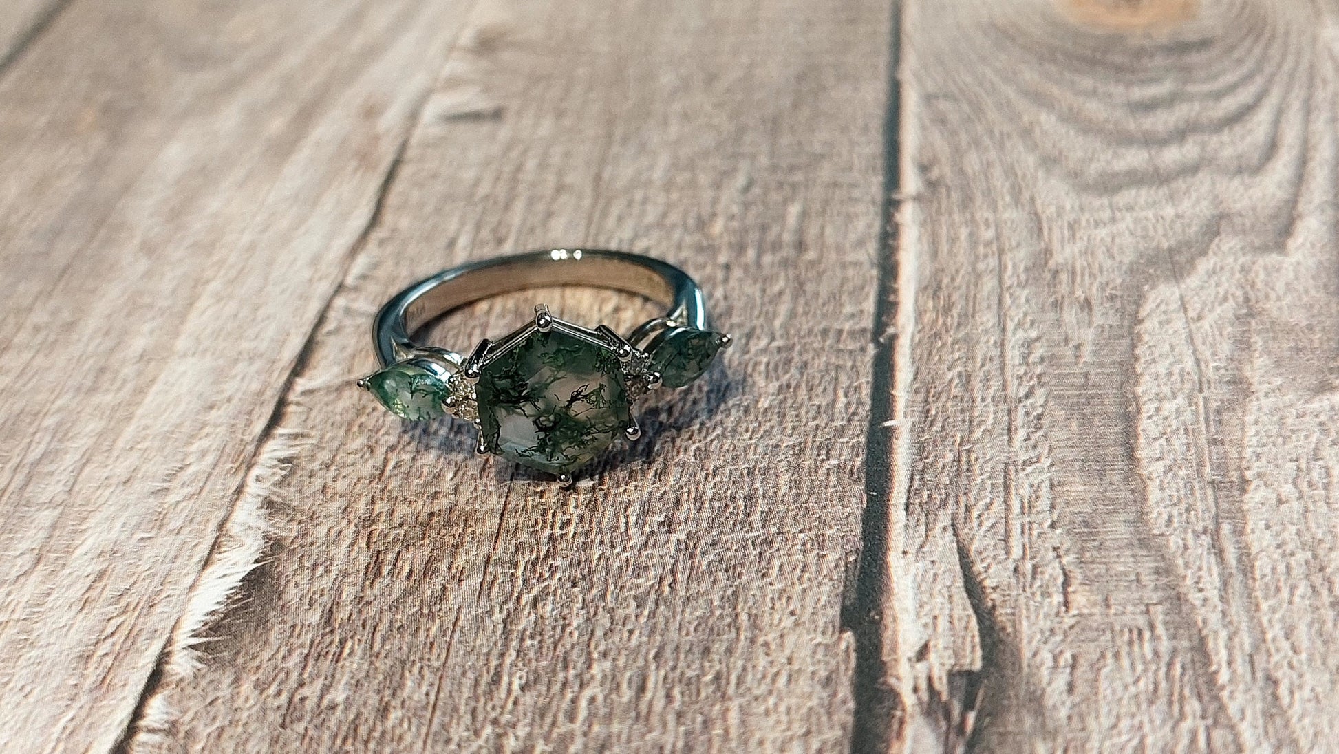 Hexagon Moissanite, Moss Agate Engagement Ring