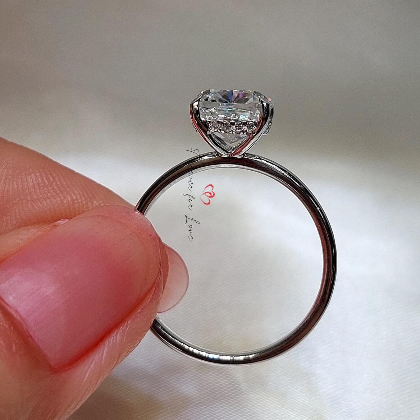 2.2 Ct Cushion Moissanite Hidden Halo Engagement Ring Cushion cut 1Ct Moissanite Brilliant Cut engagement ring in 935 Argentium Silver — custom handcrafted by Forever For Love