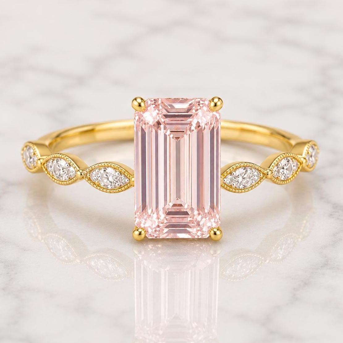 5.3ct Karat Fancy Vivid Pink VVS2 Reinheit, IGI-zertifiziert, Smaragdschliff Lab Grown mit Marquise-Seiten-Diamanten, perfektes Geschenk für sie Moissanite engagement ring in Gold or Platinum — custom handcrafted by Forever For Love