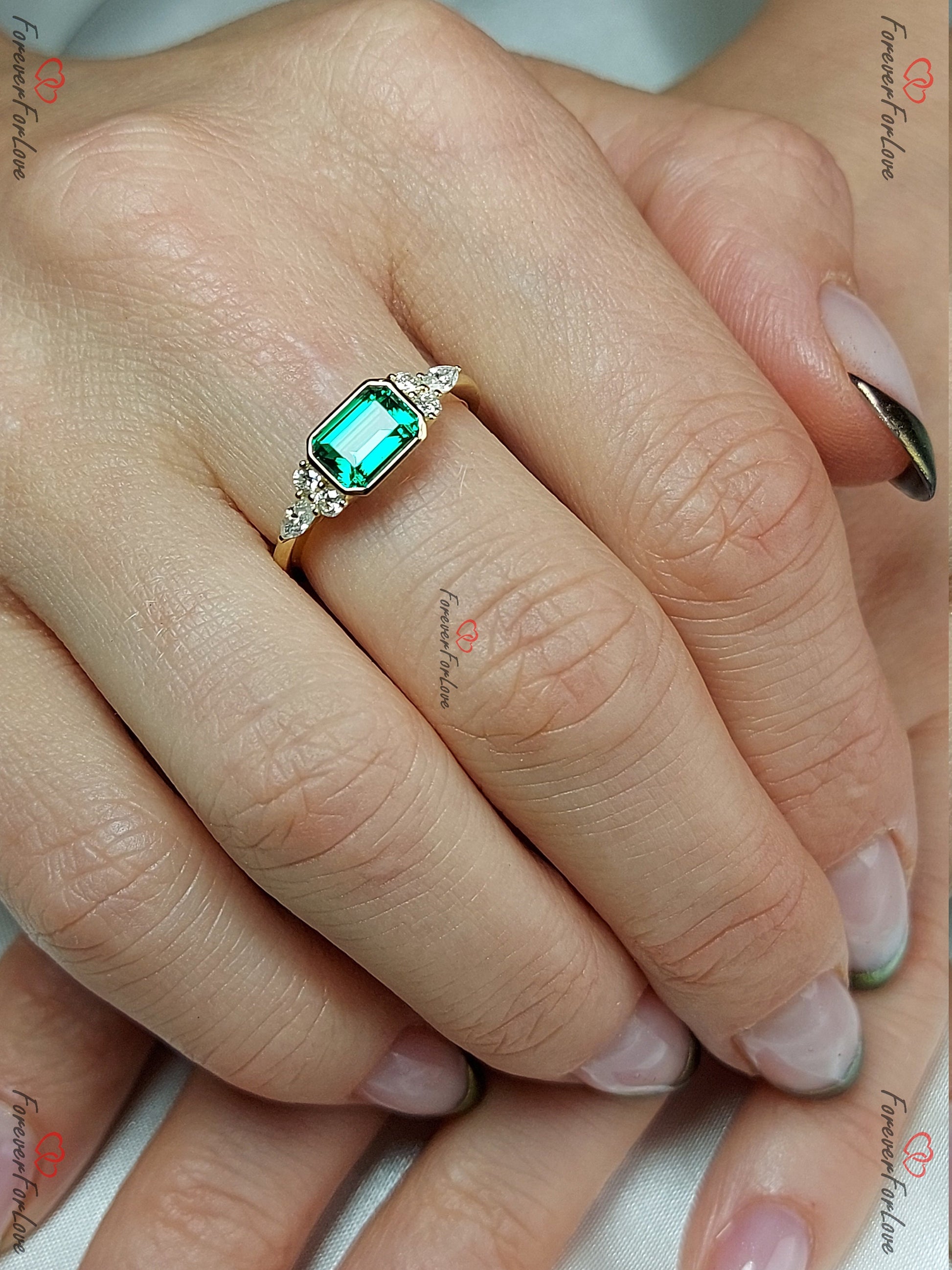 Baguette Diamond, Emerald Stacking Ring