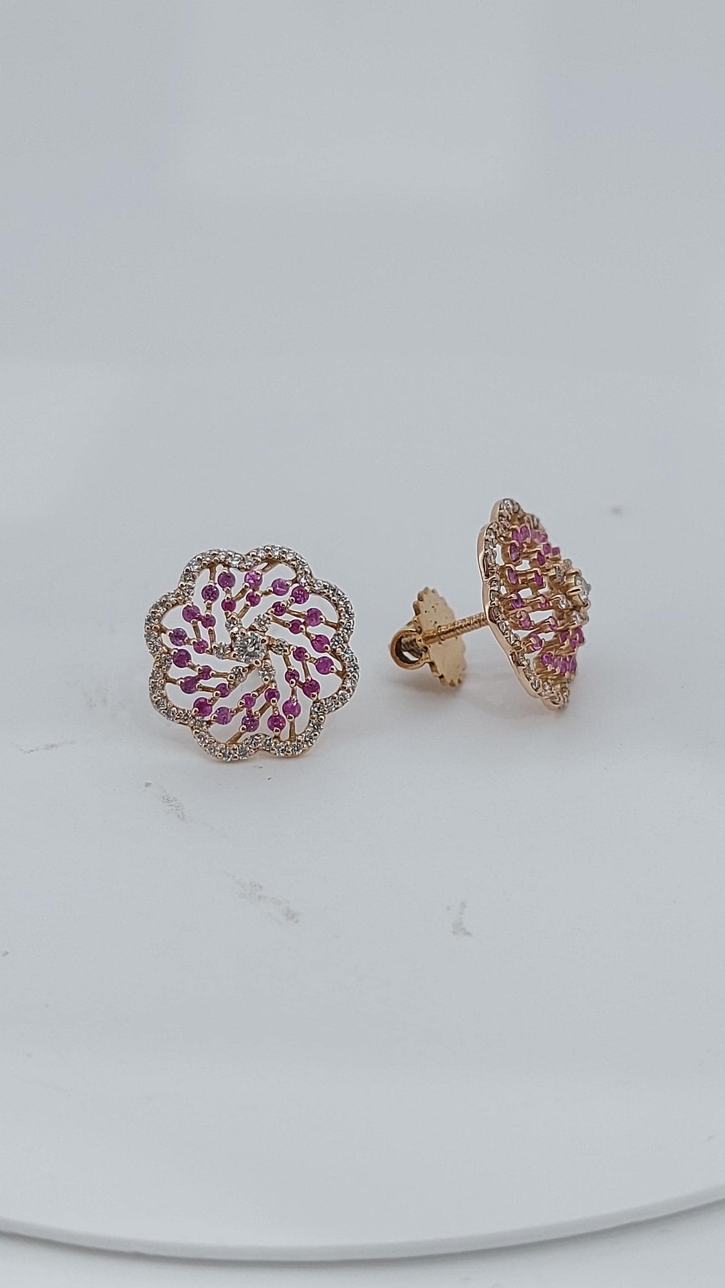 Pink sapphire and diamond stud earrings for mom, mothers day gift. Nature inspired gift for mom. One of a kind earring Moissanite engagement ring in Gold or Platinum — custom handcrafted by Forever For Love
