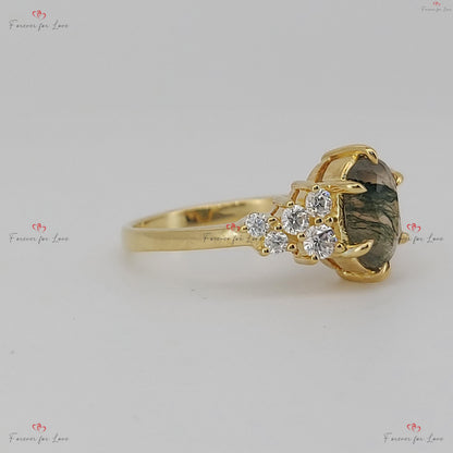 Oval Diamond, Moss Agate Engagement Ring