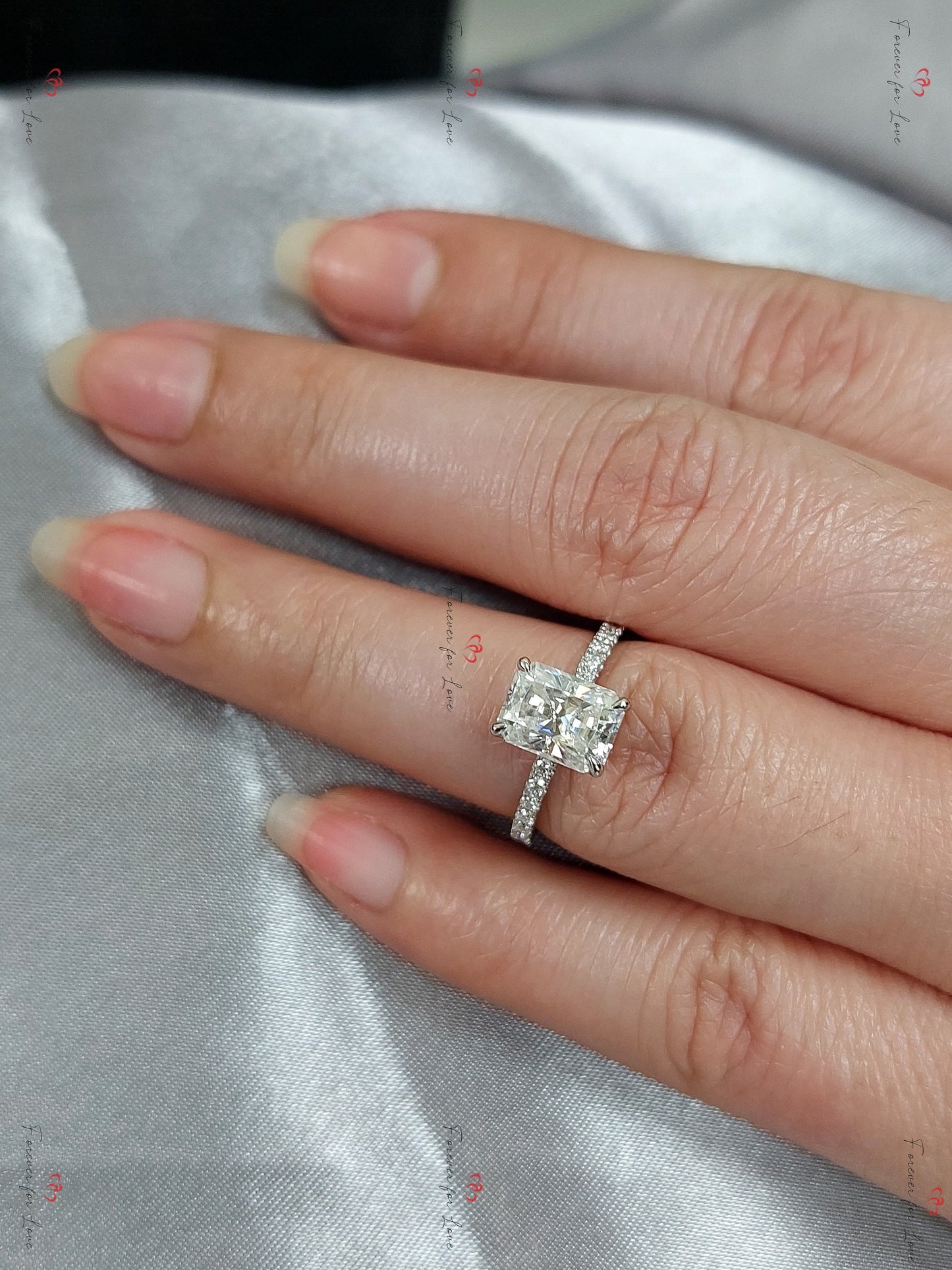 1.5 Ct Radiant Moissanite Brilliant Cut Solitaire Engagement Ring Radiant cut 1Ct Moissanite Brilliant Cut engagement ring in 935 Argentium Silver — custom handcrafted by Forever For Love