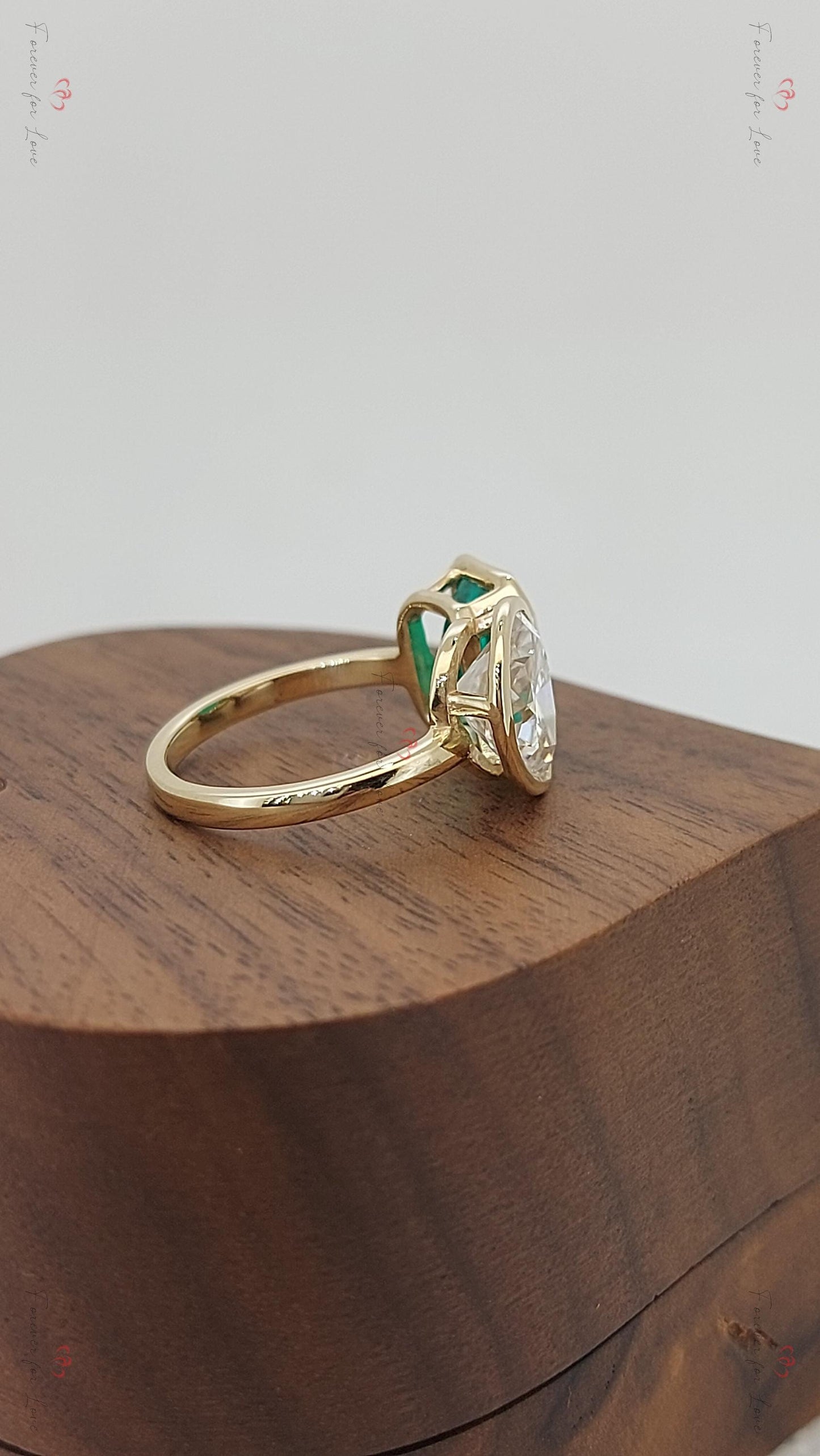 Baguette Diamond, Emerald Three Stone Ring Baguette cut Moissanite engagement ring in Gold or Platinum — custom handcrafted by Forever For Love