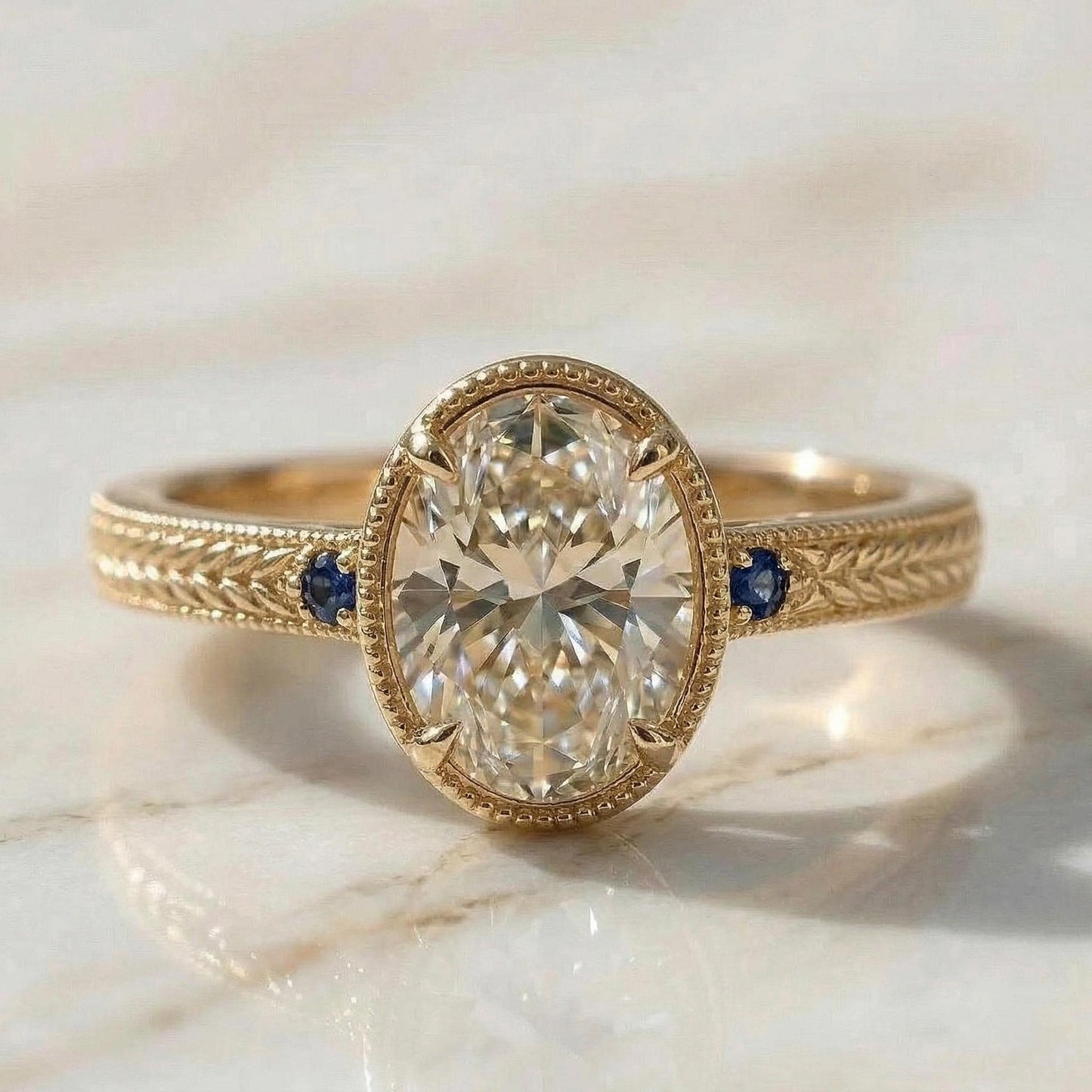 Bague de fiançailles saphir et diamant de laboratoire ovale certifié IGI Oval cut 1Ct Moissanite taille brillant engagement ring in Gold or Platinum — custom handcrafted by Forever For Love