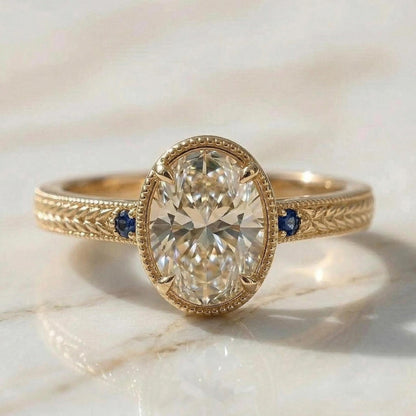 IGI Certified Oval Lab Diamond, Sapphire Engagement Ring