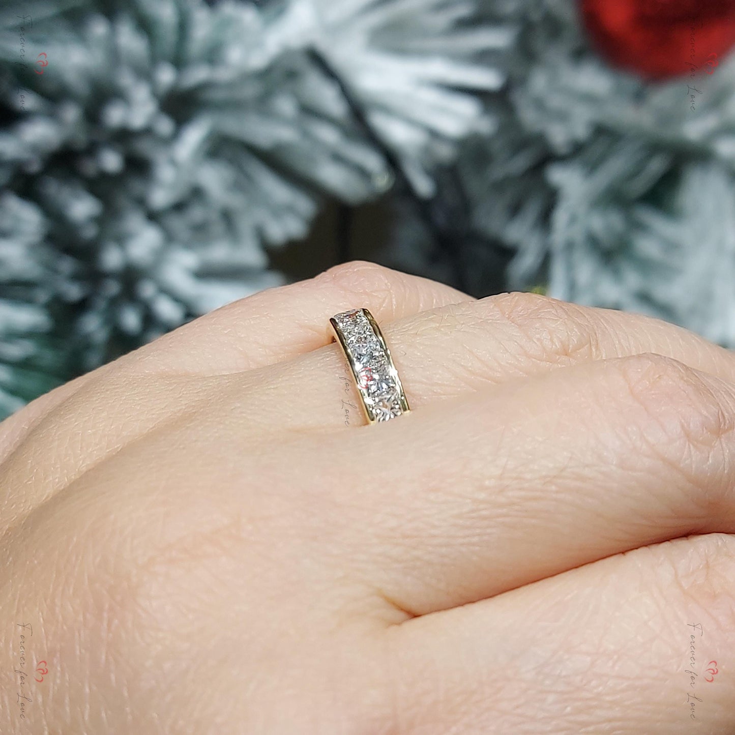 Princess Cut Diamond Half Eternity Ring 2.1 mm 18k 14k natural Wedding Band Channel Setting. Yellow Rose White Gold Platinum certified. Princess cut Moissanite Brilliant Cut engagement ring in 935 Argentium Silver — custom handcrafted by Forever For Love