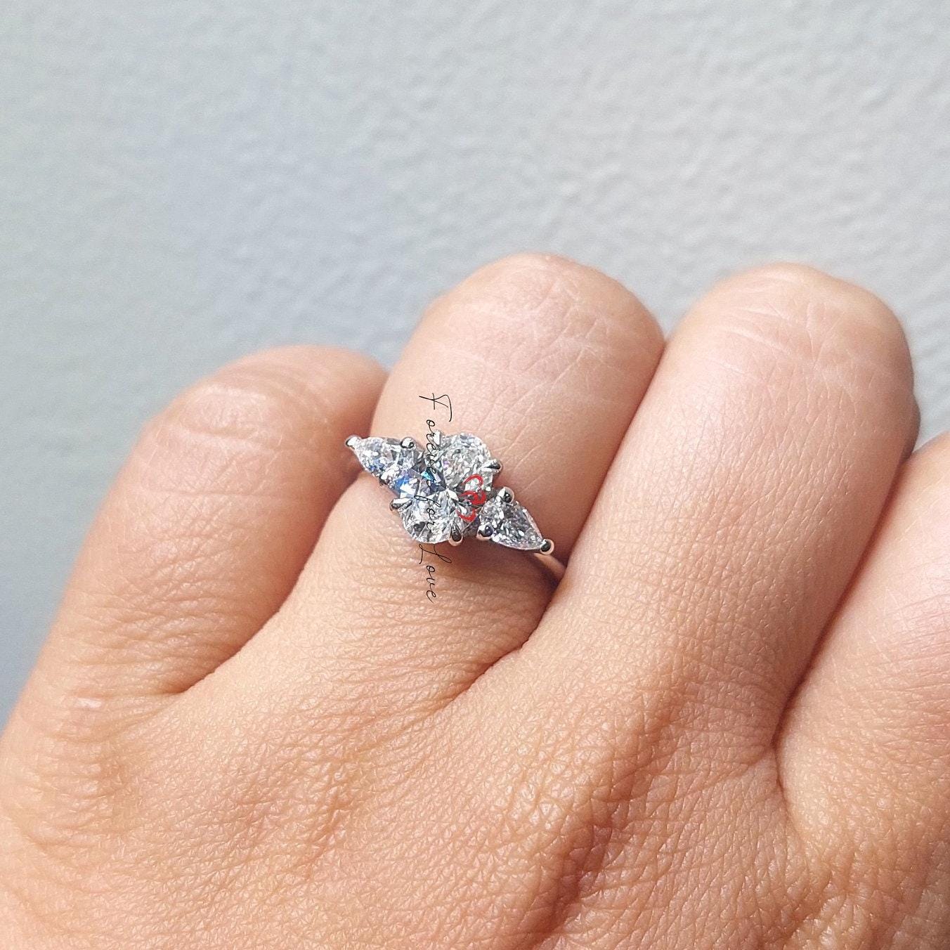 2 Ct Oval Lab Diamond Three Stone Trilogy Engagement Ring Oval cut Moissanite engagement ring in Gold or Platinum — custom handcrafted by Forever For Love