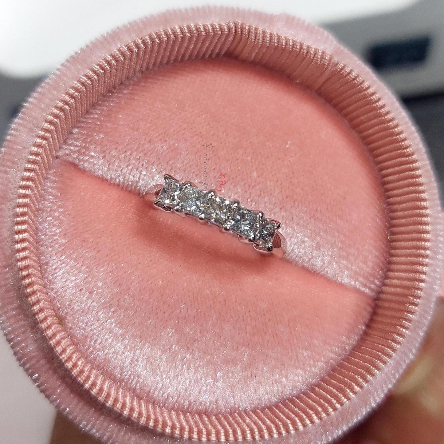 Demi-alliance princesse en diamants de synthèse Princess cut Moissanite taille brillant engagement ring in Gold or Platinum — custom handcrafted by Forever For Love