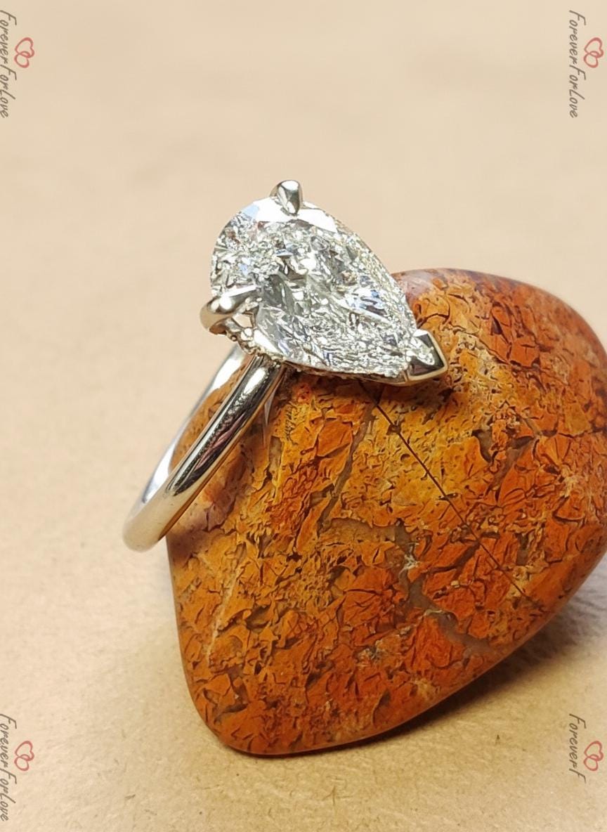 2 ct pear lab diamond (E VVS2) solitaire engagement ring Pear cut 1Ct Moissanite Brilliant Cut engagement ring in 935 Argentium Silver — custom handcrafted by Forever For Love
