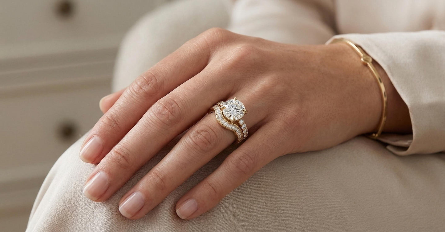 Bague de fiançailles avec diamant baguette certifié IGI de 2 ct Baguette cut Moissanite taille brillant engagement ring in Gold or Platinum — custom handcrafted by Forever For Love