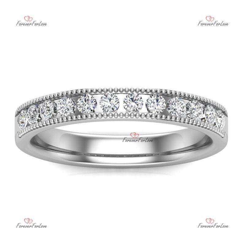Natural Diamond Half Eternity Band Round cut Moissanite Brilliant Cut engagement ring in 935 Argentium Silver — custom handcrafted by Forever For Love