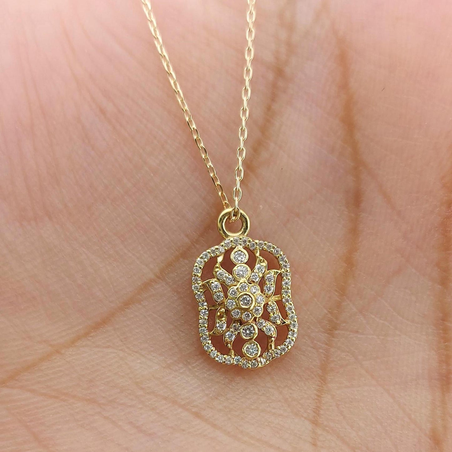 Diamond Flower Pendant Necklace, Vintage Style Halo Diamond Necklace, 14K Yellow Gold Floral Diamond Pendant, Gift for Her Moissanite engagement ring in Gold or Platinum — custom handcrafted by Forever For Love