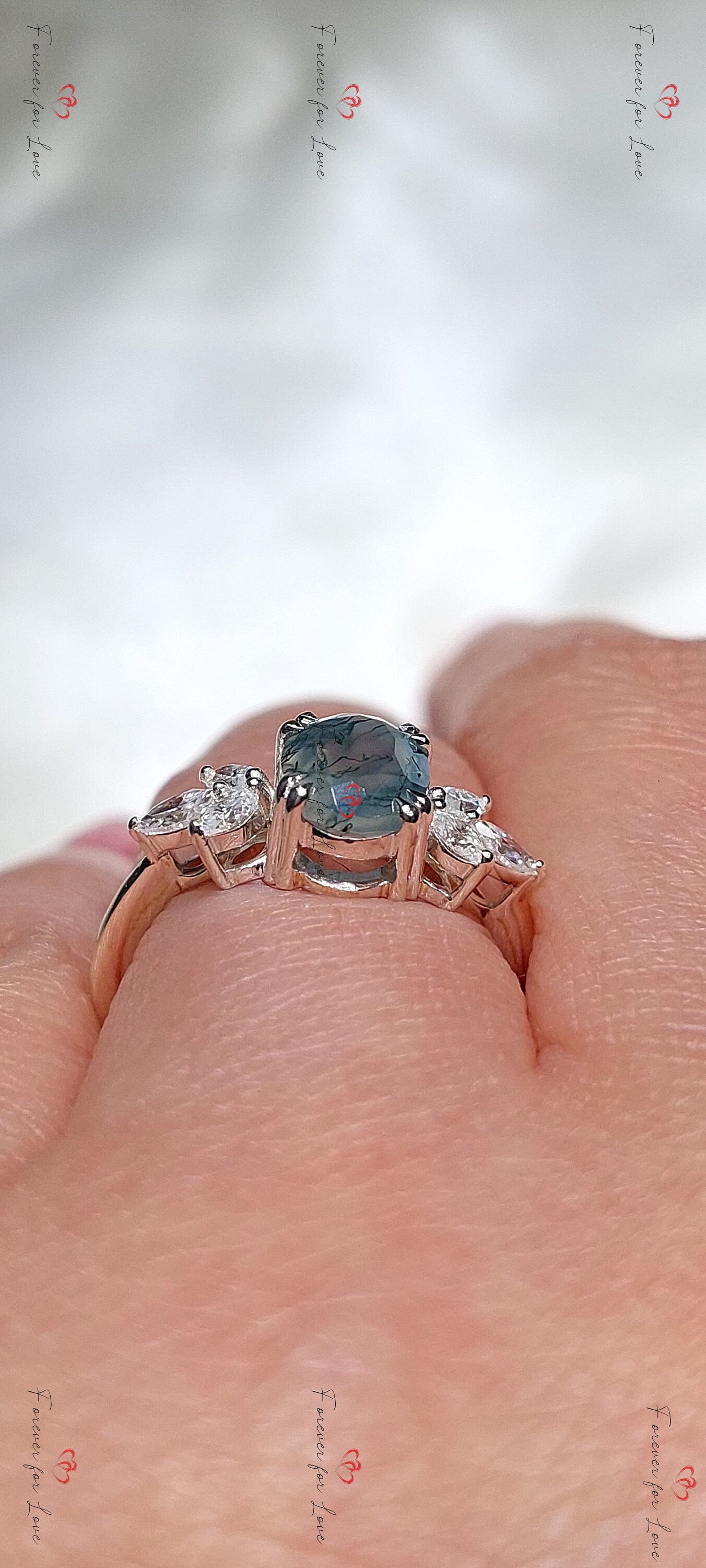 Natural Moss Agate Oval Engagement Ring White Gold Accented Vintage Promise Ring Marquise Diamond Promise Ring Anniversary Wedding Ring Oval cut Moissanite engagement ring in Gold or Platinum — custom handcrafted by Forever For Love