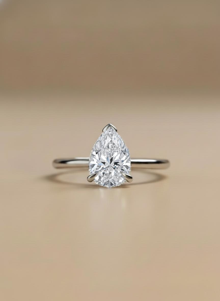 2 ct pear lab diamond (E VVS2) solitaire engagement ring Pear cut 1Ct Moissanite Brilliant Cut engagement ring in 935 Argentium Silver — custom handcrafted by Forever For Love