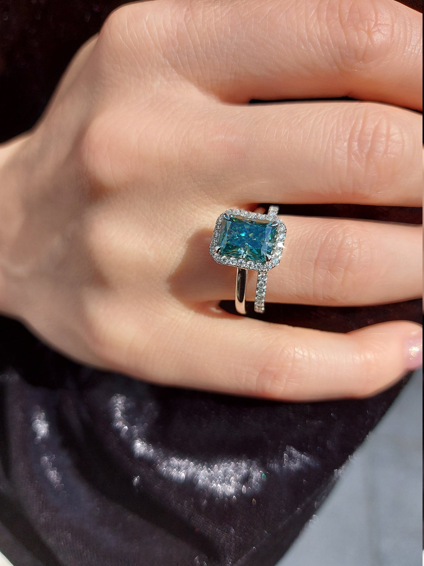 3 Ct Radiant Green Moissanite Eternity Band Radiant cut Moissanite Brilliant Cut engagement ring in 935 Argentium Silver — custom handcrafted by Forever For Love