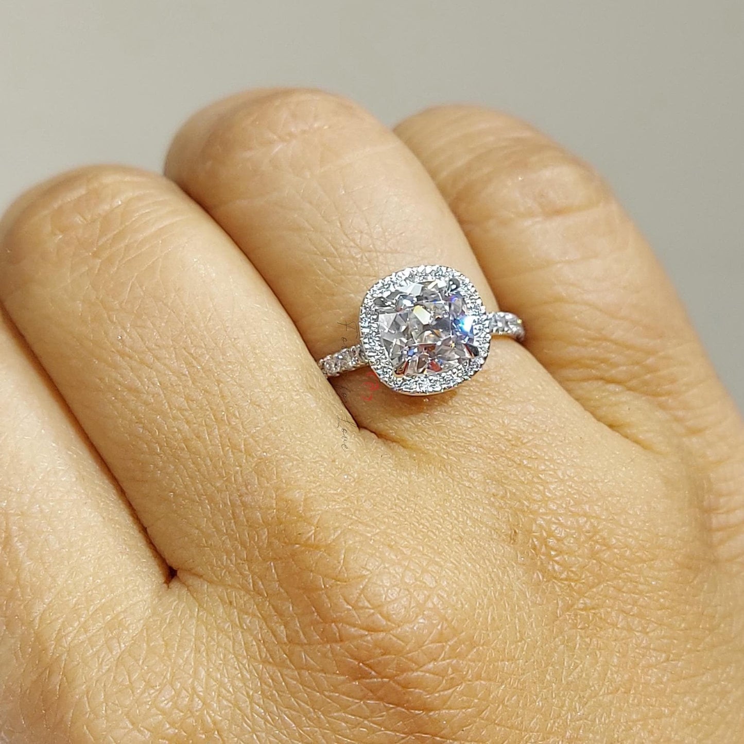 2 Ct Cushion Old Mine Cut Moissanite Halo Engagement Ring Cushion cut 1Ct Moissanite Brilliant Cut engagement ring in 935 Argentium Silver — custom handcrafted by Forever For Love