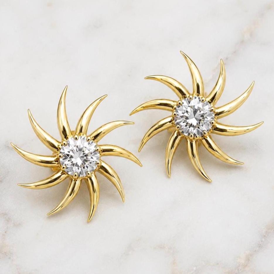 2.00 TCW Round Lab Diamond Sun Burst Earrings, Solid Gold Earrings, Sun burst Everyday Earrings, Lab diamond earrings, Perfect gift Moissanite engagement ring in Gold or Platinum — custom handcrafted by Forever For Love