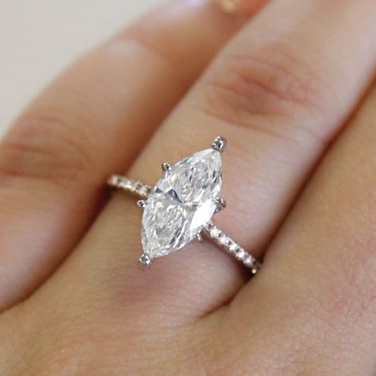 4 Ct Marquise Natural Diamond, Moissanite Hidden Halo Engagement Ring