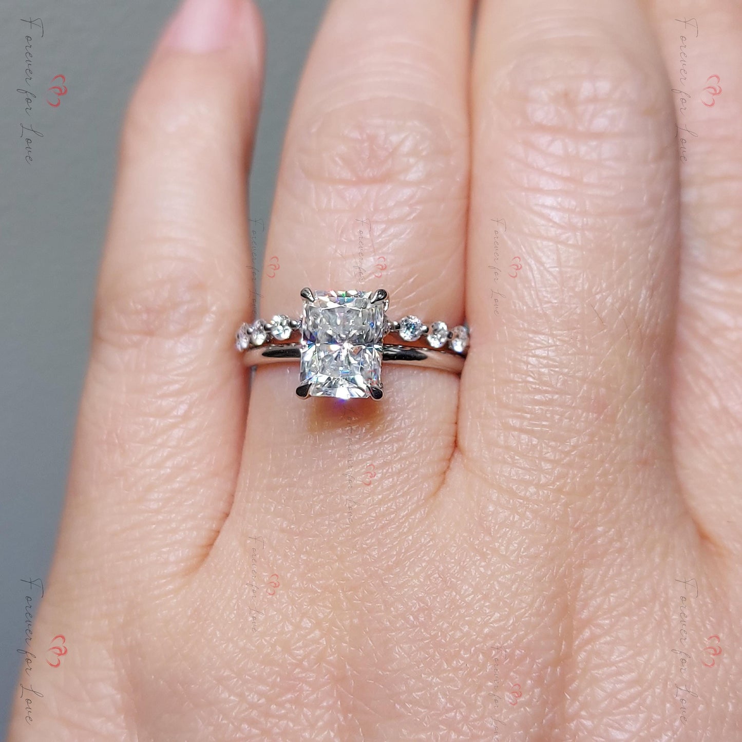 2 Karat Radiant Moissanite Eternity Band Radiant cut Moissanite engagement ring in 935er Argentium Silber — custom handcrafted by Forever For Love