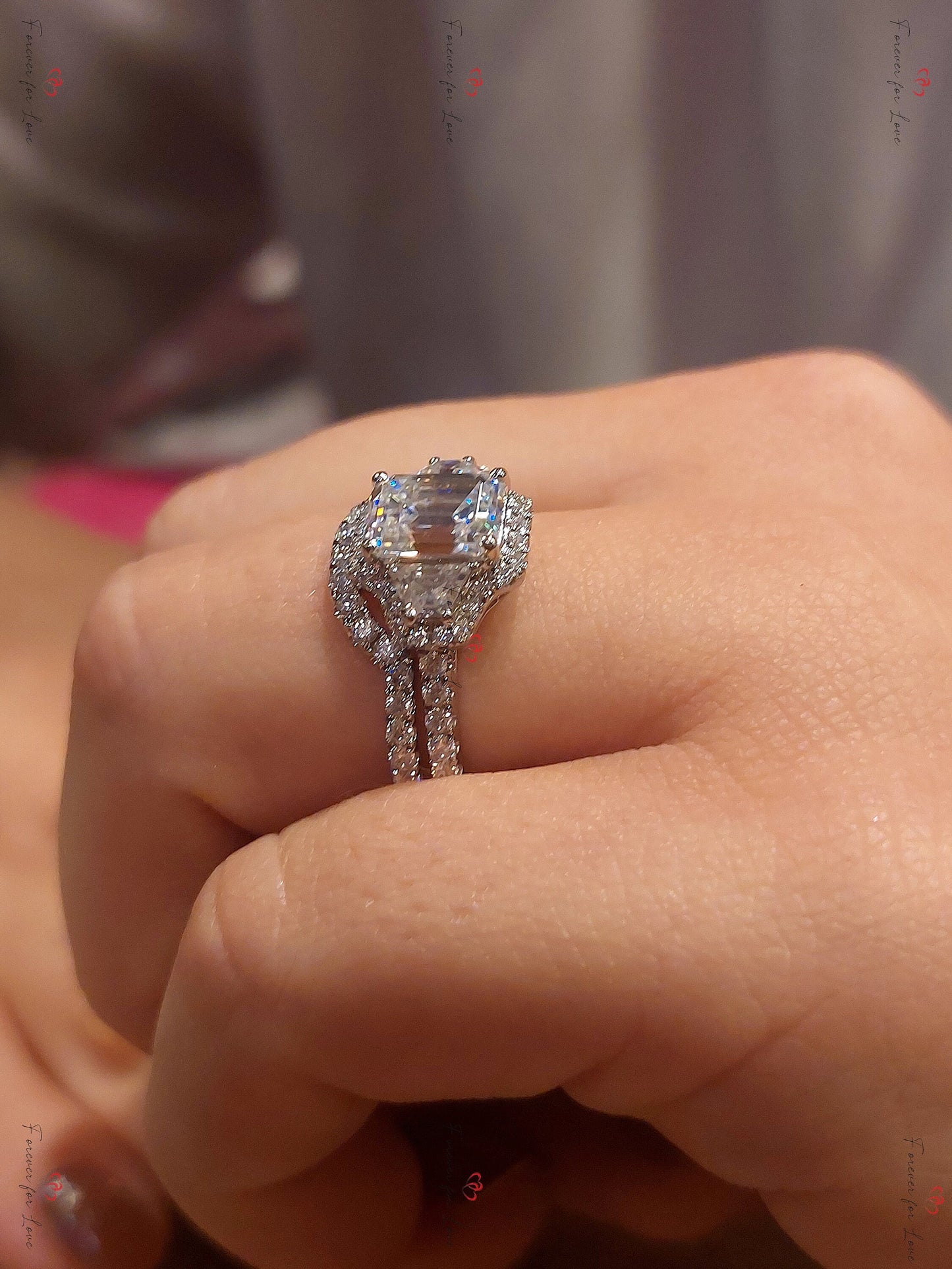 Emerald Moissanite Three Stone Ring Emerald cut Moissanite Brilliant Cut engagement ring in 935 Argentium Silver — custom handcrafted by Forever For Love