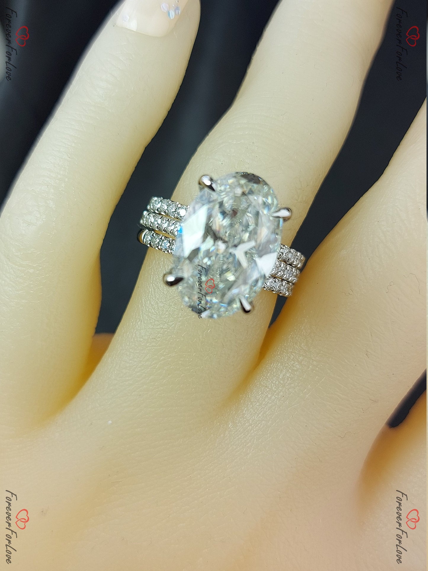 9.5 Ct Oval Diamond, Moissanite Halo Engagement Ring Oval cut Moissanite Brilliant Cut engagement ring in 935 Argentium Silver — custom handcrafted by Forever For Love