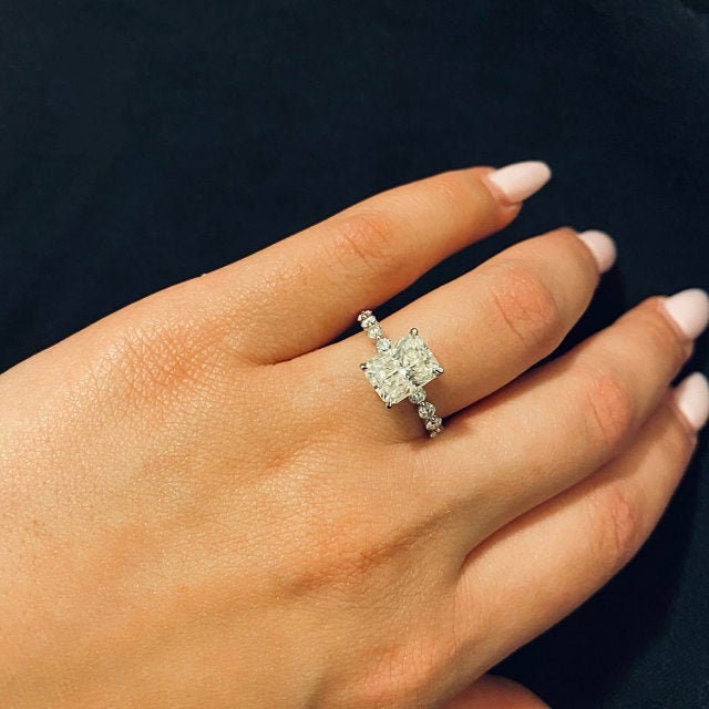 3 Ct Radiant Diamond, Moissanite Eternity Band Radiant cut 1Ct Moissanite Brilliant Cut engagement ring in 935 Argentium Silver — custom handcrafted by Forever For Love