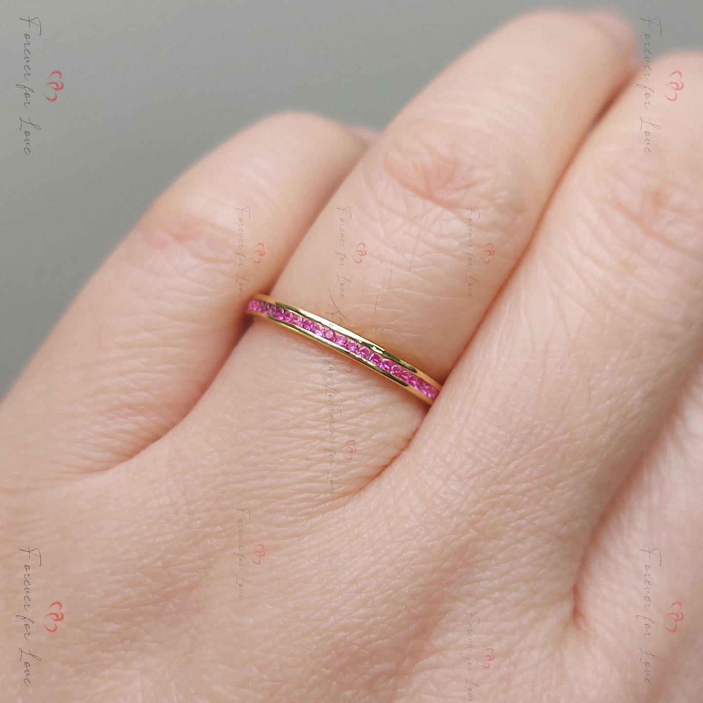 Pink Sapphire Full Eternity Wedding Band Round cut Natural Sapphire engagement ring in 935 Argentium Silver — custom handcrafted by Forever For Love