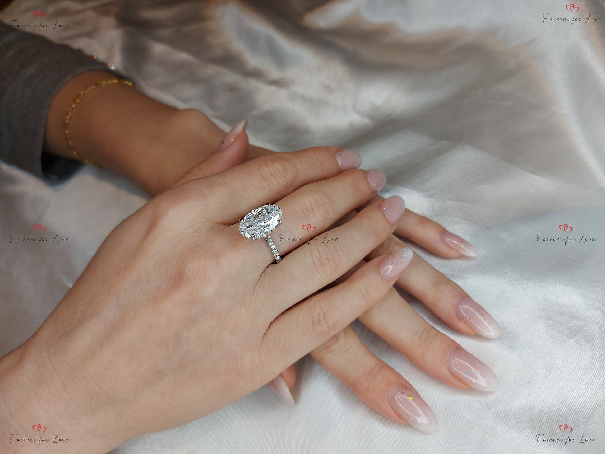 Oval Cut Engagement engagement ring/ 7 Ct Crushed ice Oval 14*9mm Moissanite, diamond hidden halo ring,.