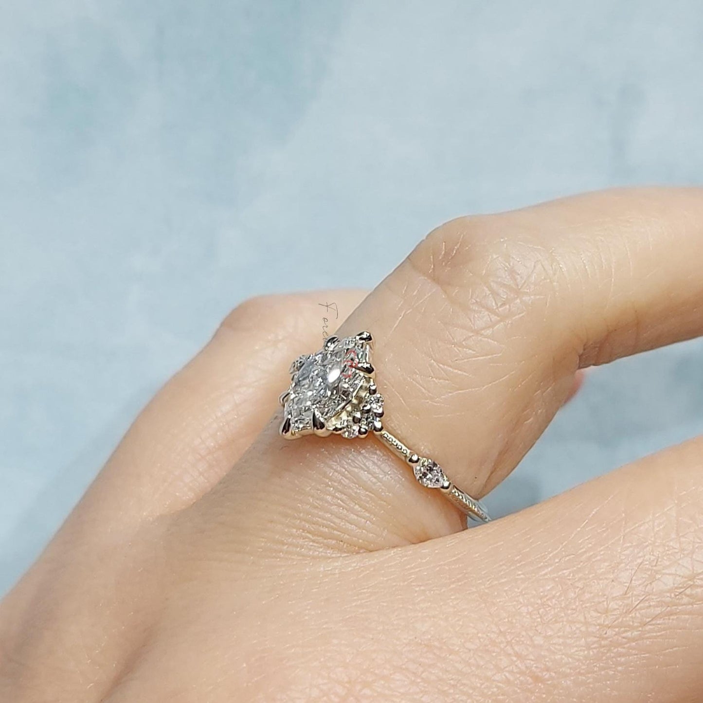 2 Ct Marquise Lab Diamond Vintage Engagement Ring with Staggered Band Marquise cut 1Ct Moissanite Brilliant Cut engagement ring in 935 Argentium Silver — custom handcrafted by Forever For Love