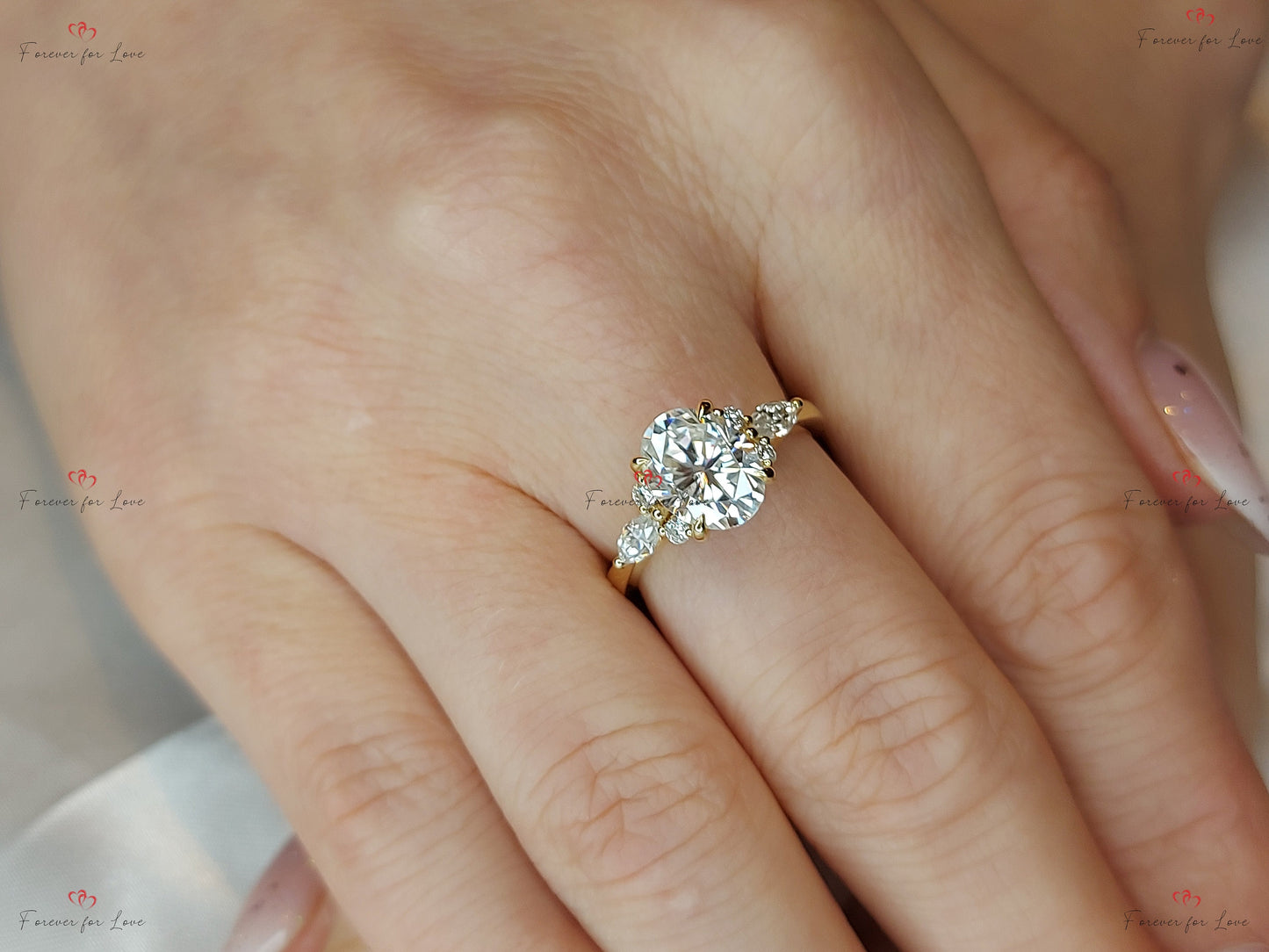 Oval Moissanite engagement ring unique Cluster Yellow gold engagement ring women Marquise diamond wedding Bridal art deco Anniversary Ring. Oval cut 6*8mm Moissanite engagement ring in Gold or Platinum — custom handcrafted by Forever For Love