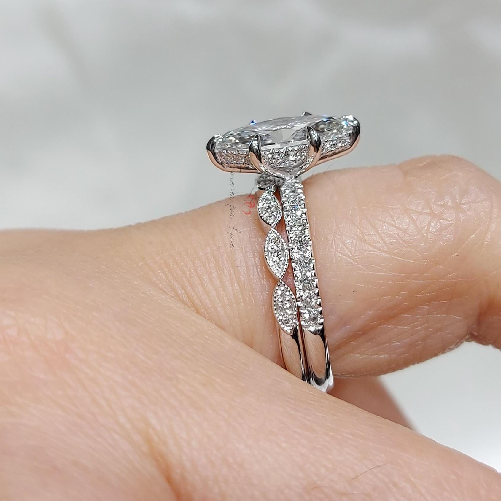 1.5 Carat Marquise Diamond Engagement ring set, Vintage Diamond Stacking ring Diamond ring,14K/18K Yellow Gold Dainty Bridal set.