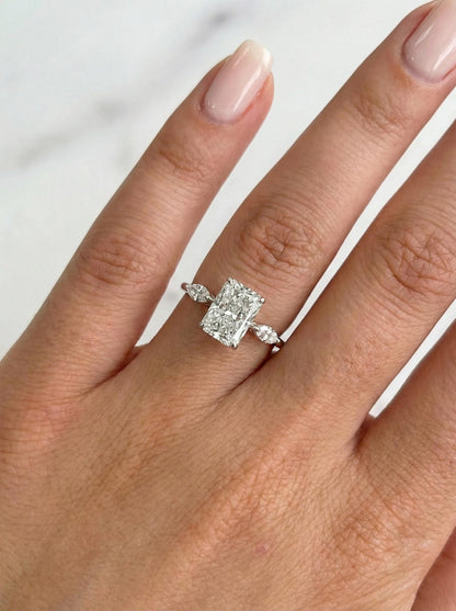 2.25 carat E/VVS2 IGI CERTIFIED Elongated Radiant Cut Lab Grown Diamond Three Stone Engagement Ring. Side Marquise Diamonds, 14k White Gold