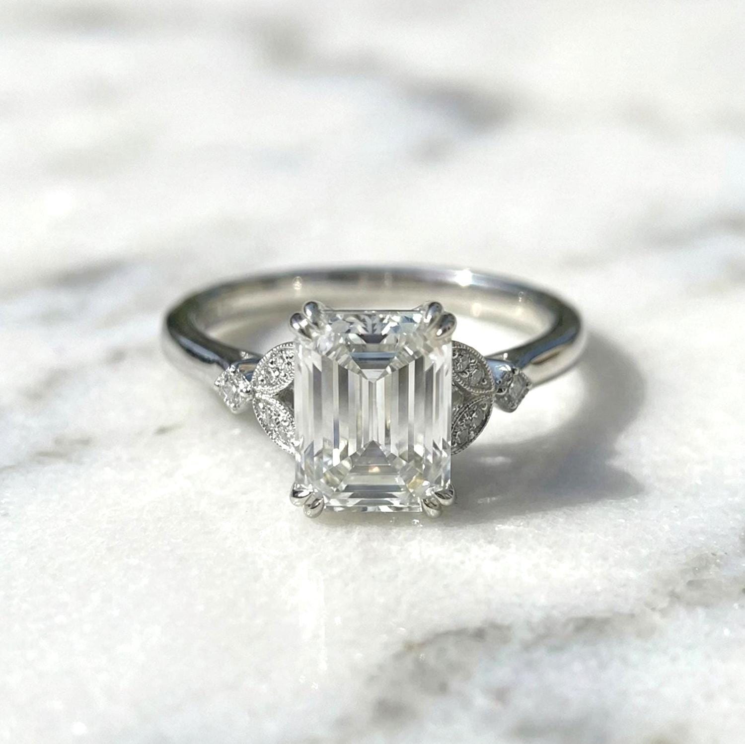 Antique Style 3.10 carat E Color VVS2 Clarity IGI Certified Emerald Cut Lab Grown Diamond Engagement Ring Side Round Diamonds 14k White Gold