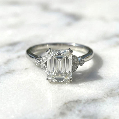 Antique Style 3.10 carat E Color VVS2 Clarity IGI Certified Emerald Cut Lab Grown Diamond Engagement Ring Side Round Diamonds 14k White Gold