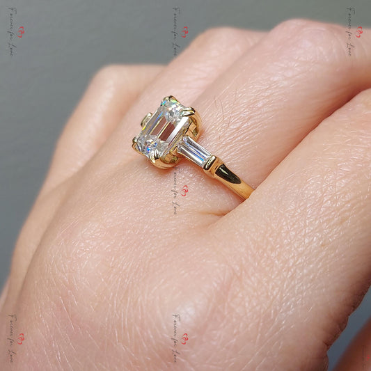 Three Stone Emerald Cut Moissanite Engagement Ring Emerald Cut and tapper baguette Moissanite Ring, Three Stone Wedding Anniversary Ring.