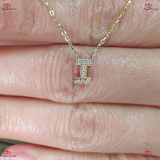 Round Diamond Necklace – Yellow Gold Dainty Minimalist Pendant Real Diamond Bezel Alphabet Letter A B C D E F G H I J K L M N O P Q R S T U V W X Y Z Forever For Love