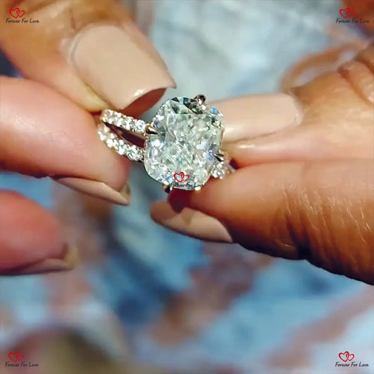 Unique Elongated Cushion Cut Moissanite Bridal Set - Crushed Ice Ring Set in Solid Gold with Hidden Halo Forever For Love