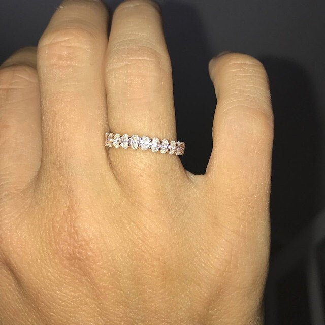 Alliance demi-éternité avec moissanite ovale Oval cut Moissanite taille brillant engagement ring in Gold or Platinum — custom handcrafted by Forever For Love