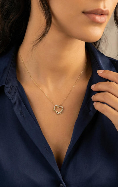 Collier double cœur en diamant, or jaune 14 carats, pendentif cœur délicat et minimaliste, véritable collier diamant pour femme, cadeau pour elle.