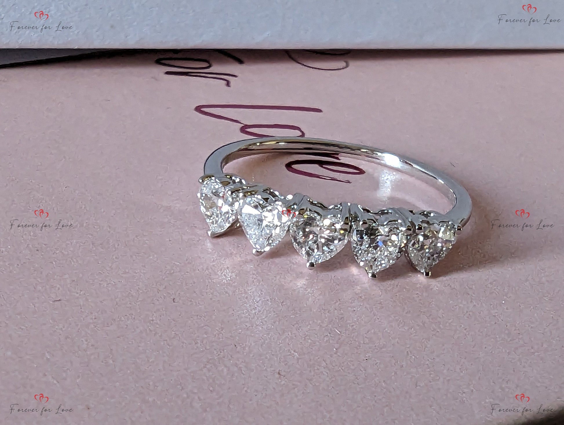 Solid gold Heart Five Stone Heart Cut Diamond Ring, Five Stone Wedding Band- Lab-Grown Diamond Ring Wedding band.