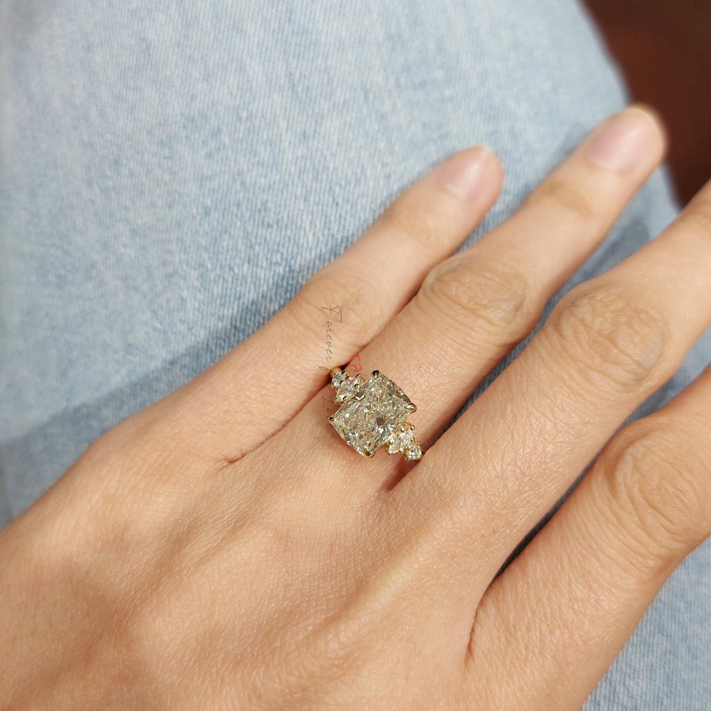 2 Ct IGI Certified Cushion Lab Diamond Three Stone Engagement Ring Cushion cut Moissanite engagement ring in Gold or Platinum — custom handcrafted by Forever For Love