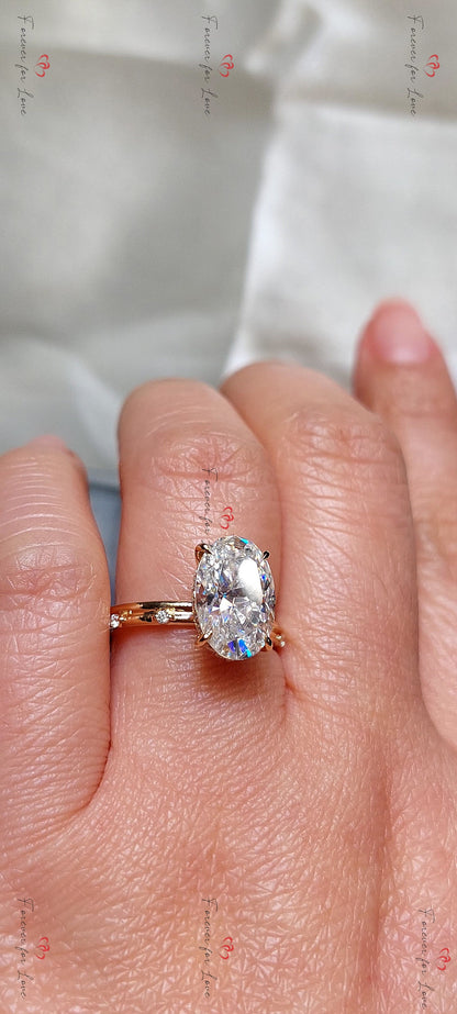 4 Ct Oval Diamond, Moissanite Hidden Halo Engagement Ring