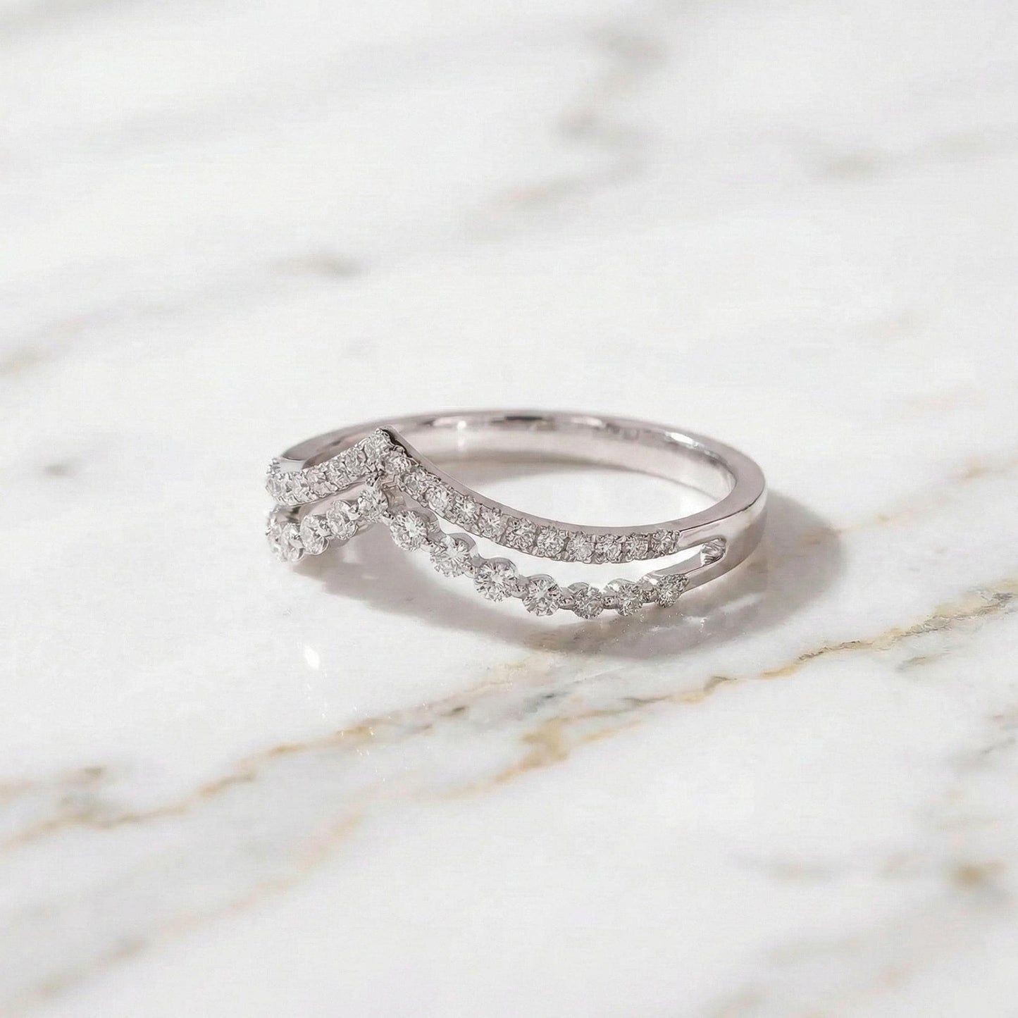 Double Band Wedding Ring Two Row Ring in 14k 18k 10k Solid Gold Pretty Multi Layer Bridal Ring Half Eternity Ring Lab Grown Diamond Ring Round cut 1Ct Moissanite Brilliant Cut engagement ring in 935 Argentium Silver — custom handcrafted by Forever For Love