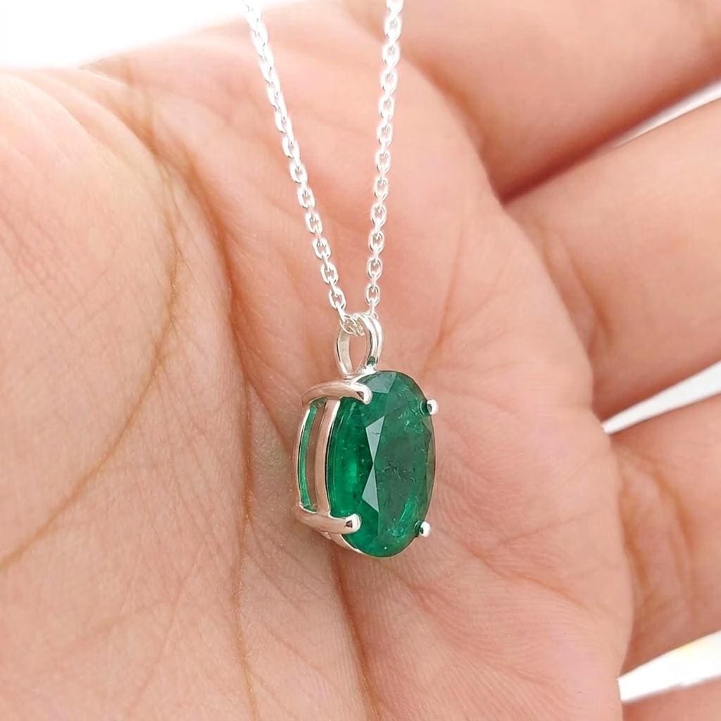 Emerald Pendant Necklace 14K Solid White Gold For Ladies Oval Shaped Emerald Necklace Pendant, Birthstone necklace, Perfect gift Moissanite engagement ring in Gold or Platinum — custom handcrafted by Forever For Love
