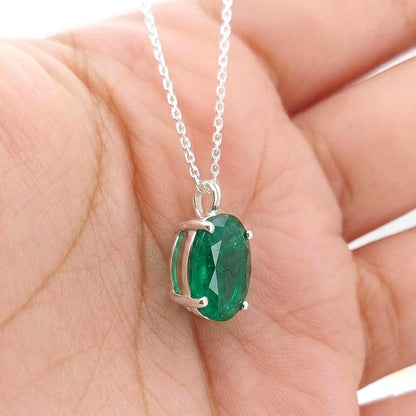 Emerald Pendant Necklace 14K Solid White Gold For Ladies Oval Shaped Emerald Necklace Pendant, Birthstone necklace, Perfect gift